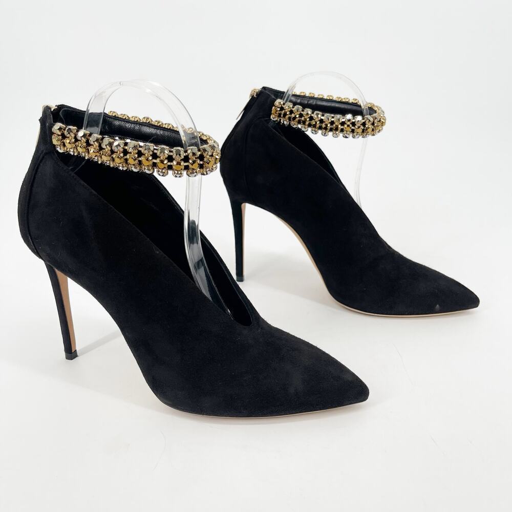 Jimmy Choo Lux 100 Black Suede Gold Crystal Ankle Strap Vamp Bootie Heels IT 40
